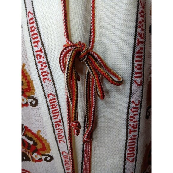 Vtg 1970s Knit Cuauhtemoc Poncho Cream One Size Tribal Boho Fringed Tie Front - Picture 3 of 7